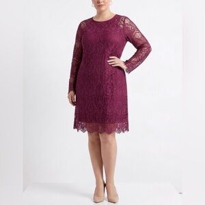 Adrianna Papell Women's Cocktail Dress Size 12 Wine Red Lace Long Sleeve Shift